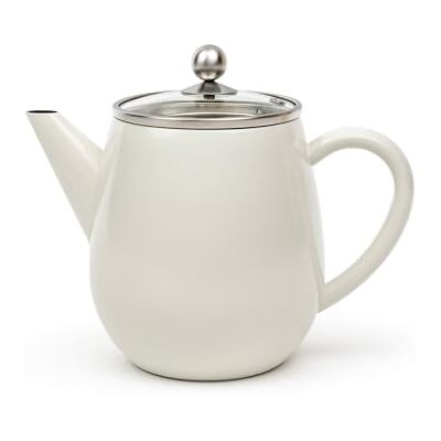 Bredemeijer 1,1 liter dubbelwandige theepot met filter, geïsoleerde kan van roestvrij staal, wit, met glazen deksel, theepot voor langdurig theegenot Bredemeijer 1,1 liter dubbelwandige theepot met filter, geïsoleerde kan van roestvrij staal, wit, met glazen deksel, theepot voor langdurig theegenot
