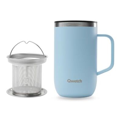 QWETCH Thermobeker van gerecycled roestvrij staal met handvat en filter in pastelblauw Thermotheepot van 470 ml Thermische koffie en thee 6 uur warm en 12 uur koud Schuifsluiting QWETCH Thermobeker van gerecycled roestvrij staal met handvat en filter in pastelblauw Thermotheepot van 470 ml Thermische koffie en thee 6 uur warm en 12 uur koud Schuifsluiting