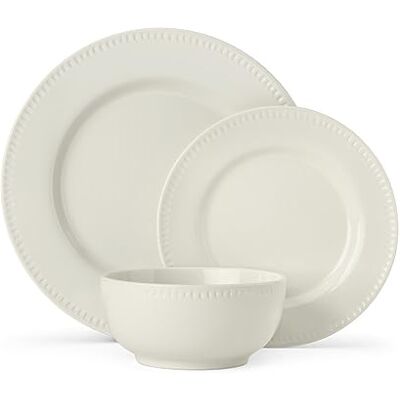 Mikasa Cranborne 12-delig tafelservies van crèmekleurig aardewerk, serviesset met platte borden, bijborden en mueslikommen, vaatwasser- en magnetronbestendig Mikasa Cranborne 12-delig tafelservies van crèmekleurig aardewerk, serviesset met platte borden, bijborden en mueslikommen, vaatwasser- en magnetronbestendig