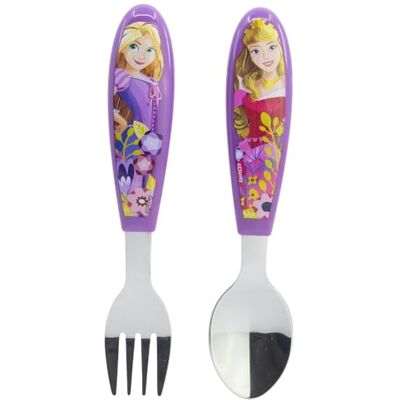 CARTOON Disney Princess bestekset van roestvrij staal, niet giftig, 2-delig, lepel en vork met ergonomische handgreep voor kinderen CARTOON Disney Princess bestekset van roestvrij staal, niet giftig, 2-delig, lepel en vork met ergonomische handgreep voor kinderen