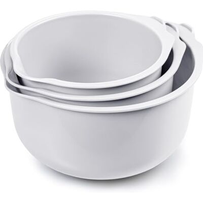 KONZEPT Set van 3 mengkommen van kunststof, wit, met schenktuit, antislip bodem, stapelbaar, met maatschaal, vaatwasmachinebestendig, ideaal voor bakken, mengen en KONZEPT Set van 3 mengkommen van kunststof, wit, met schenktuit, antislip bodem, stapelbaar, met maatschaal, vaatwasmachinebestendig, ideaal voor bakken, mengen en