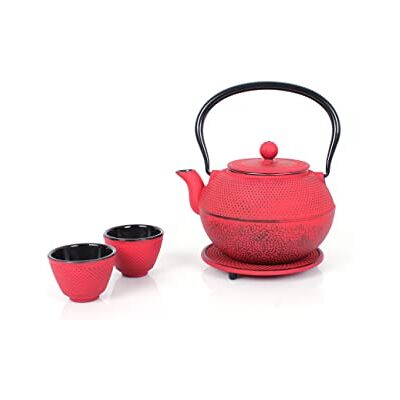 ECHTWERK Gietijzeren theeservies 1,1 liter met afneembare zeef, theepot met onderzetter en 2 theekopjes, vintage theepot voor het bereiden van losse thee, rood ECHTWERK Gietijzeren theeservies 1,1 liter met afneembare zeef, theepot met onderzetter en 2 theekopjes, vintage theepot voor het bereiden van losse thee, rood