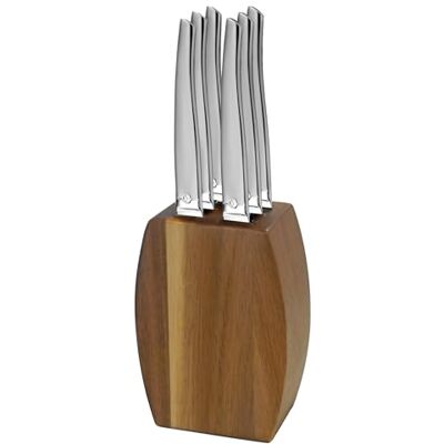 Lou Laguiole Blok van acaciahout met 6 steakmessen Jet 13 C roestvrij staal, gezandstraalde afwerking 9 x 5 x 12 cm Hout Lou Laguiole Blok van acaciahout met 6 steakmessen Jet 13 C roestvrij staal, gezandstraalde afwerking 9 x 5 x 12 cm Hout