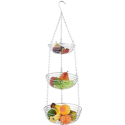 Relaxdays Hangende fruitmand met 3 etages van metaal voor groenten en fruit, 82 x 26,5 cm, zilverkleurig Relaxdays Hangende fruitmand met 3 etages van metaal voor groenten en fruit, 82 x 26,5 cm, zilverkleurig
