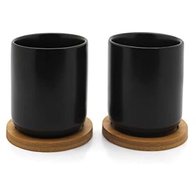 Bredemeijer Set van 2 zwarte keramische theekopjes met houten schotel Bredemeijer Set van 2 zwarte keramische theekopjes met houten schotel