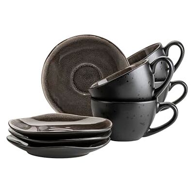 MÄSER 934071 Serie Niara Organic, set van 8 moderne koffiekopjes voor 4 personen, in spannende vintage look, met speciale glazuurcombinatie in zwart en bruin, steengoed MÄSER 934071 Serie Niara Organic, set van 8 moderne koffiekopjes voor 4 personen, in spannende vintage look, met speciale glazuurcombinatie in zwart en bruin, steengoed