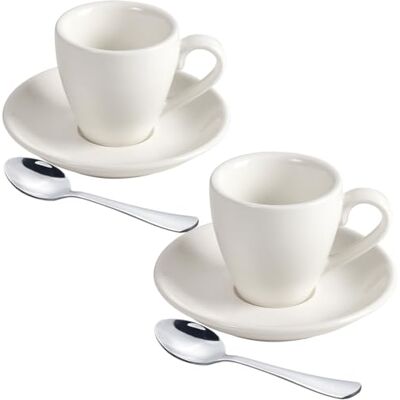 ionEgg Set van 2 porseleinen espressokopjes met schotel en mini-lepels van roestvrij staal, 80 ml, wit ionEgg Set van 2 porseleinen espressokopjes met schotel en mini-lepels van roestvrij staal, 80 ml, wit