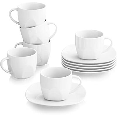 MALACASA , serie Elisa, 12-delige set porseleinen koffieservies, crèmekleur, 6 x kopje met 6 x schoteltje voor 6 personen MALACASA , serie Elisa, 12-delige set porseleinen koffieservies, crèmekleur, 6 x kopje met 6 x schoteltje voor 6 personen