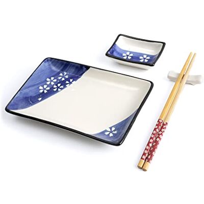 lachineuse Japans sushi-servies Borden, eetstokjes en sauzen voor 1 persoon Kleur: wit en blauw Porselein Sakura bloemenmotief Geschenkdoos Japan Japans servies lachineuse Japans sushi-servies Borden, eetstokjes en sauzen voor 1 persoon Kleur: wit en blauw Porselein Sakura bloemenmotief Geschenkdoos Japan Japans servies