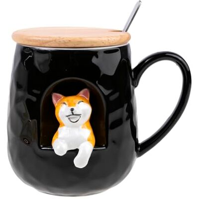 lachineuse Hondenmok 3D reliëf Happy Dog porselein, hout, metaal 380 ml met deksel en lepel koffiemok, thee, chocolade, cappuccino origineel cadeau-idee lachineuse Hondenmok 3D reliëf Happy Dog porselein, hout, metaal 380 ml met deksel en lepel koffiemok, thee, chocolade, cappuccino origineel cadeau-idee