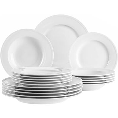 MÄSER Serie Arlona bordenset voor 6 personen van hoogwaardig porselein, 18-delig, tijdloos, elegant, porselein, wit MÄSER Serie Arlona bordenset voor 6 personen van hoogwaardig porselein, 18-delig, tijdloos, elegant, porselein, wit