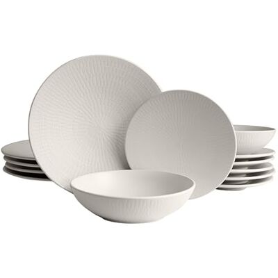 ECHTWERK Vintage 18-delig tafelservies "Blanka" in natuurdesign, voor 6 personen, elegant aardewerk servies met 6 x platte borden, 6 x soepborden, crème ECHTWERK Vintage 18-delig tafelservies "Blanka" in natuurdesign, voor 6 personen, elegant aardewerk servies met 6 x platte borden, 6 x soepborden, crème