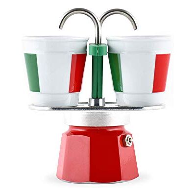 Bialetti Mini Express Italia koffiezetapparaat 2 kopjes + 2 aluminium glazen Bialetti Mini Express Italia koffiezetapparaat 2 kopjes + 2 aluminium glazen