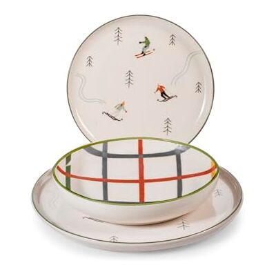 H&H Ski Holiday 18-delig tafelservies van aardewerk, versierd, winter- en kerststijl, borden met skiërs en ruiten, vaatwasmachinebestendig, magnetronbestendig, Ø 26, 20,5, 20 cm H&H Ski Holiday 18-delig tafelservies van aardewerk, versierd, winter- en kerststijl, borden met skiërs en ruiten, vaatwasmachinebestendig, magnetronbestendig, Ø 26, 20,5, 20 cm