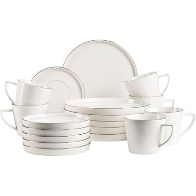 MÄSER , Serie Sita bordenset voor 6 personen, van wit porselein met gouden rand, eenvoudig en elegant, wit porselein MÄSER , Serie Sita bordenset voor 6 personen, van wit porselein met gouden rand, eenvoudig en elegant, wit porselein