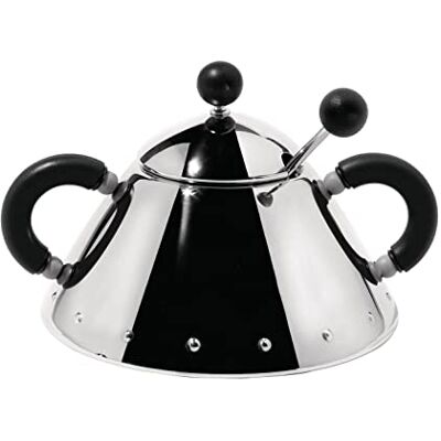 Alessi 9097 B Suikerpot met kleine lepel van glanzend roestvrij staal 18/10, handgrepen en knop van Pa, zwart Alessi 9097 B Suikerpot met kleine lepel van glanzend roestvrij staal 18/10, handgrepen en knop van Pa, zwart