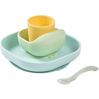 Béaba , Serviesset van siliconen voor baby's, met zuignap, antislip, 4-delig, bord + kom + glas + lepel, gezonde en duurzame siliconen, vaatwasmachinebestendig, magnetronbestendig, geel Béaba , Serviesset van siliconen voor baby's, met zuignap, antislip, 4-delig, bord + kom + glas + lepel, gezonde en duurzame siliconen, vaatwasmachinebestendig, magnetronbestendig, geel
