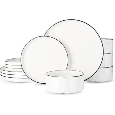 Richmount 12-delig porseleinen tafelservies voor 4 personen, bordenset met moderne verhoogde rand, magnetron- en vaatwasmachinebestendig, wit met zwarte rand Richmount 12-delig porseleinen tafelservies voor 4 personen, bordenset met moderne verhoogde rand, magnetron- en vaatwasmachinebestendig, wit met zwarte rand