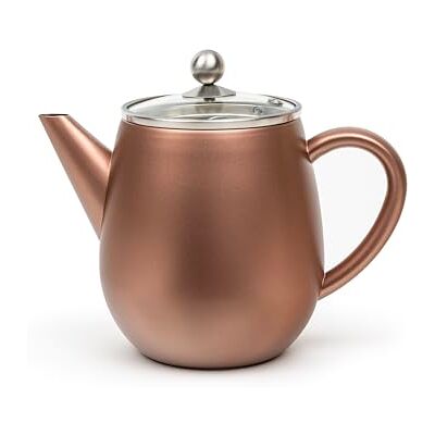 Bredemeijer Dubbelwandige theepot van roestvrij staal, 1,1 liter, roestbruine roestvrijstalen theepot met glazen deksel en theefilter, voor lang en warm theegenot Bredemeijer Dubbelwandige theepot van roestvrij staal, 1,1 liter, roestbruine roestvrijstalen theepot met glazen deksel en theefilter, voor lang en warm theegenot