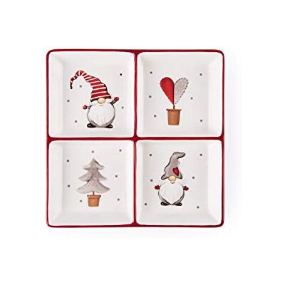 Excelsa Gnome bord 4 vakken, 20 x 20 cm, keramiek, serveerbord, kerstdecoratie Excelsa Gnome bord 4 vakken, 20 x 20 cm, keramiek, serveerbord, kerstdecoratie