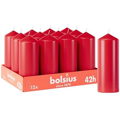 BOLSIUS Set van 12 stompkaarsen, glad, rood, 15 x 6 cm, decoratieve kaarsen voor thuis, 42 uur brandduur, ongeparfumeerd, bevat natuurlijke plantaardige was, zonder BOLSIUS Set van 12 stompkaarsen, glad, rood, 15 x 6 cm, decoratieve kaarsen voor thuis, 42 uur brandduur, ongeparfumeerd, bevat natuurlijke plantaardige was, zonder