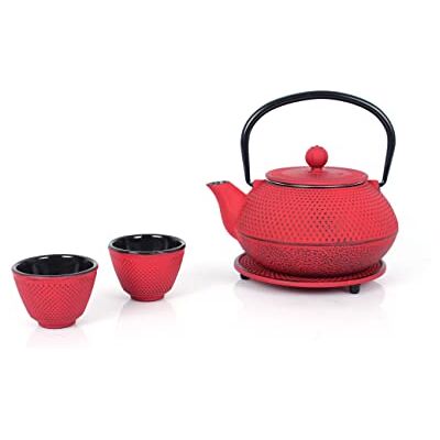 ECHTWERK Gietijzeren theepot 0,8 l met afneembare zeef, theepot met onderzetter en 2 theekopjes, vintage theepot voor het bereiden van losse thee, rood ECHTWERK Gietijzeren theepot 0,8 l met afneembare zeef, theepot met onderzetter en 2 theekopjes, vintage theepot voor het bereiden van losse thee, rood