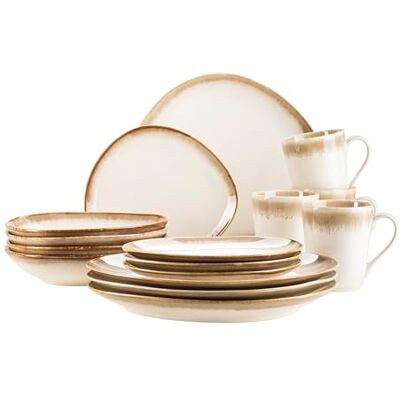 MÄSER 931991, La Sinfonia Modern tafelservies voor 4 personen met unieke vorm en kleurverloop, beige tot crèmewit, 16-delig tafelservies in vintage look, steengoed MÄSER 931991, La Sinfonia Modern tafelservies voor 4 personen met unieke vorm en kleurverloop, beige tot crèmewit, 16-delig tafelservies in vintage look, steengoed