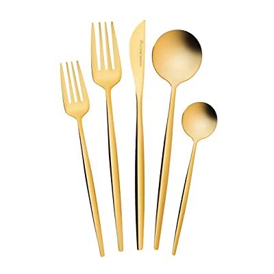 KARACA Orion Shiny Gold 30-delige bestekset met messen, vorken, lepels, taartvorken, roestvrij staal, gezond en hygiënisch tafelbestek, modern design KARACA Orion Shiny Gold 30-delige bestekset met messen, vorken, lepels, taartvorken, roestvrij staal, gezond en hygiënisch tafelbestek, modern design