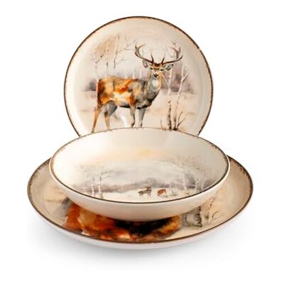H&H , Hood River 18-delig tafelservies, kersttafelset, hertenmotief, van aardewerk, machinewasbaar H&H , Hood River 18-delig tafelservies, kersttafelset, hertenmotief, van aardewerk, machinewasbaar