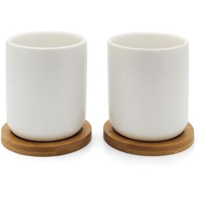 Bredemeijer Set van 2 witte keramische theekopjes met houten schoteltjes Bredemeijer Set van 2 witte keramische theekopjes met houten schoteltjes