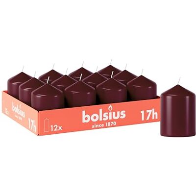 BOLSIUS Set van 12 stompkaarsen, glad, bordeauxrood, 8 x 6 cm, decoratieve kaarsen voor thuis, brandduur 17 uur, geurvrij, bevat natuurlijke plantaardige was BOLSIUS Set van 12 stompkaarsen, glad, bordeauxrood, 8 x 6 cm, decoratieve kaarsen voor thuis, brandduur 17 uur, geurvrij, bevat natuurlijke plantaardige was