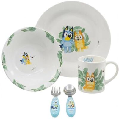 Sorrisini Bluey Kinderserviesset van keramiek, inclusief Bord, kom en kopje, vanaf 4 jaar, roestvrijstalen bestek, complete set 5-delig Sorrisini Bluey Kinderserviesset van keramiek, inclusief Bord, kom en kopje, vanaf 4 jaar, roestvrijstalen bestek, complete set 5-delig