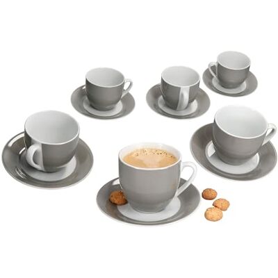 MamboCat Variant Grijze koffiekopjes met schoteltjes voor 6 personen, kleurrijke porseleinen set voor ontbijt en koffie, 6 theekopjes van 200 ml en schoteltjes, chique servies MamboCat Variant Grijze koffiekopjes met schoteltjes voor 6 personen, kleurrijke porseleinen set voor ontbijt en koffie, 6 theekopjes van 200 ml en schoteltjes, chique servies