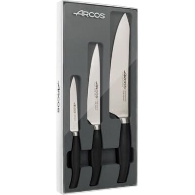 Arcos Serie Clara keukenmes 3-delig (schilmes + keukenmes + koksmes) roestvrij staal titanium gesmeed handvat van polypropyleen gespoten kleur zwart Arcos Serie Clara keukenmes 3-delig (schilmes + keukenmes + koksmes) roestvrij staal titanium gesmeed handvat van polypropyleen gespoten kleur zwart