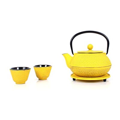 ECHTWERK Gietijzeren theeservies, 0,8 liter theepot met afneembare zeef, theepot met schotel en 2 theekopjes, vintage theepot voor het bereiden van losse thee, geel ECHTWERK Gietijzeren theeservies, 0,8 liter theepot met afneembare zeef, theepot met schotel en 2 theekopjes, vintage theepot voor het bereiden van losse thee, geel