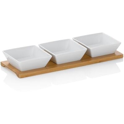 kela 12261 aperitiefset, 3 vierkante kommen van porselein, dienblad van bamboe, 26 x 10 x 4,5 cm, "Philipa", wit kela 12261 aperitiefset, 3 vierkante kommen van porselein, dienblad van bamboe, 26 x 10 x 4,5 cm, "Philipa", wit