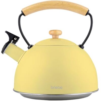 briebe Retro fluitketel, inductie, 2,3 l, roestvrij staal, alle warmtebronnen: keramische plaat, gas, elektrisch, handvat van hout, cool touch, vintage, voor thee, koffie, theepot, geel briebe Retro fluitketel, inductie, 2,3 l, roestvrij staal, alle warmtebronnen: keramische plaat, gas, elektrisch, handvat van hout, cool touch, vintage, voor thee, koffie, theepot, geel