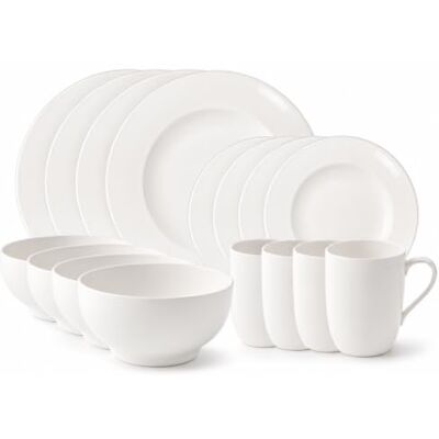 Villeroy & Boch For Me 16-delige serviesset van hoogwaardig porselein voor 4, Franse kom, borden, mok, wit, vaatwasmachinebestendig Villeroy & Boch For Me 16-delige serviesset van hoogwaardig porselein voor 4, Franse kom, borden, mok, wit, vaatwasmachinebestendig