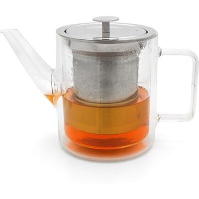 Bredemeijer Kleine retro glazen theepot 1 liter dubbelwandig geïsoleerde glazen theepot met roestvrijstalen theefilter Bredemeijer Kleine retro glazen theepot 1 liter dubbelwandig geïsoleerde glazen theepot met roestvrijstalen theefilter