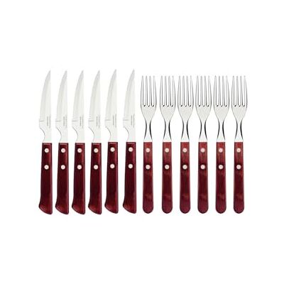 Tramontina 12-delige steakbestekset in Spaanse stijl met 6 steakmessen en 6 steakvorken van roestvrij staal, handvat van echt rood hout, FSC Tramontina 12-delige steakbestekset in Spaanse stijl met 6 steakmessen en 6 steakvorken van roestvrij staal, handvat van echt rood hout, FSC