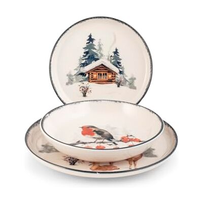 H&H Frosty 18-delig tafelservies van gedecoreerd aardewerk, kerstbordenset voor 6 personen, platte borden 26 cm, hol 20,5 cm, dessert 20 cm, vaatwasser en magnetron H&H Frosty 18-delig tafelservies van gedecoreerd aardewerk, kerstbordenset voor 6 personen, platte borden 26 cm, hol 20,5 cm, dessert 20 cm, vaatwasser en magnetron