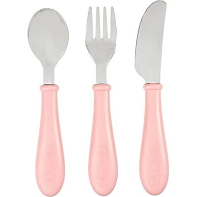 Béaba , Set van 3 kinderbestek om te leren, roestvrij staal, 2e leeftijd, vanaf 12 maanden, eenvoudige bediening voor baby's, oud roze Béaba , Set van 3 kinderbestek om te leren, roestvrij staal, 2e leeftijd, vanaf 12 maanden, eenvoudige bediening voor baby's, oud roze