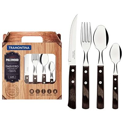 Tramontina Bestekset 21199905 met steakmessen, 24-delig, scherp mes, vorken, theelepels, soeplepels met houten handgrepen, voor camping, keuken, rustiek, geschikt voor Tramontina Bestekset 21199905 met steakmessen, 24-delig, scherp mes, vorken, theelepels, soeplepels met houten handgrepen, voor camping, keuken, rustiek, geschikt voor