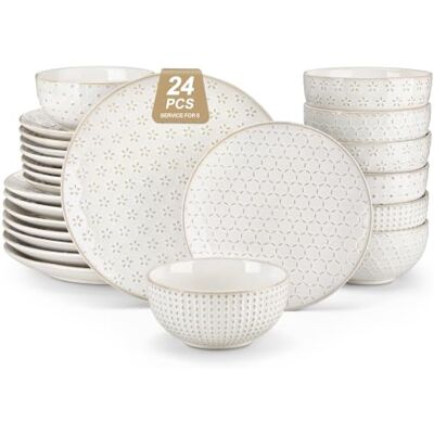 MALACASA 24-delig tafelservies van keramiek met reliëf voor 8 personen, borden en kommen, duurzaam aardewerk servies voor familiediners, vaatwasmachinebestendig en magnetronbestendig Lot de 48 assiettes et bols, 4 motifs différents, passent au micro-ond MALACASA 24-delig tafelservies van keramiek met reliëf voor 8 personen, borden en kommen, duurzaam aardewerk servies voor familiediners, vaatwasmachinebestendig en magnetronbestendig Lot de 48 assiettes et bols, 4 motifs différents, passent au micro-ond