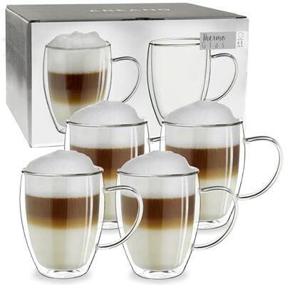 Creano Theeglas, koffieglas, dubbelwandig, thermisch glas, met handvat, groot, van borosilicaatglas, 4 x 250 ml Creano Theeglas, koffieglas, dubbelwandig, thermisch glas, met handvat, groot, van borosilicaatglas, 4 x 250 ml