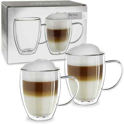 Creano Theeglas, koffieglas, dubbelwandig, thermisch glas, met handvat, groot, van borosilicaatglas, 2 x 250 ml Creano Theeglas, koffieglas, dubbelwandig, thermisch glas, met handvat, groot, van borosilicaatglas, 2 x 250 ml