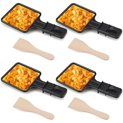 Salubohum Set van 4 mini-raclettepannen met antiaanbaklaag met 4 universele houten pallets voor het koken van kaas en eieren Salubohum Set van 4 mini-raclettepannen met antiaanbaklaag met 4 universele houten pallets voor het koken van kaas en eieren