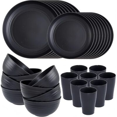 KAHEIGN 32-delig tafelservies van onbreekbaar kunststof, zwart, 8 x 25 cm dinerborden, 20 cm saladeborden, 720 ml kommen, 360 ml kopjes, magnetron- en vaatwasmachinebestendig KAHEIGN 32-delig tafelservies van onbreekbaar kunststof, zwart, 8 x 25 cm dinerborden, 20 cm saladeborden, 720 ml kommen, 360 ml kopjes, magnetron- en vaatwasmachinebestendig