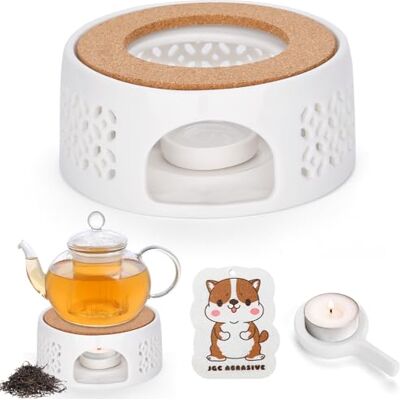 JOTOL Theepotverwarmer van keramiek met theelichthouder en reinigingsspons, hol design, theeverwarmer met kurkmat, theepot voor het bewaren van de warmte van thee, koffie JOTOL Theepotverwarmer van keramiek met theelichthouder en reinigingsspons, hol design, theeverwarmer met kurkmat, theepot voor het bewaren van de warmte van thee, koffie