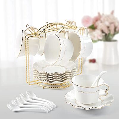 DUJUST Set van 6 luxe theekopjes en schoteltjes (250 ml) met gouden rand, reliëfdruk met metalen handvat, kopjes van Brits koninklijk porselein Wit DUJUST Set van 6 luxe theekopjes en schoteltjes (250 ml) met gouden rand, reliëfdruk met metalen handvat, kopjes van Brits koninklijk porselein Wit